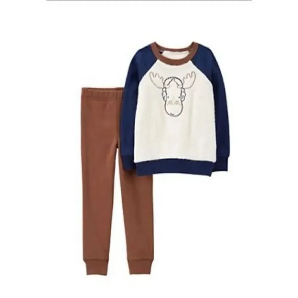 CARTER’S BABY BOY 6M Moose Fuzzy Pullover Sweatshirt & Jogger Pants Set